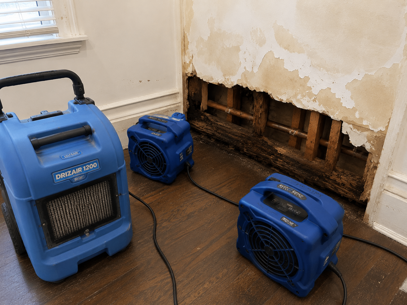 Blue DriEaz DrizAir dehumidifier and air movers positioned within the room while the opened wall cavity undergoes drying