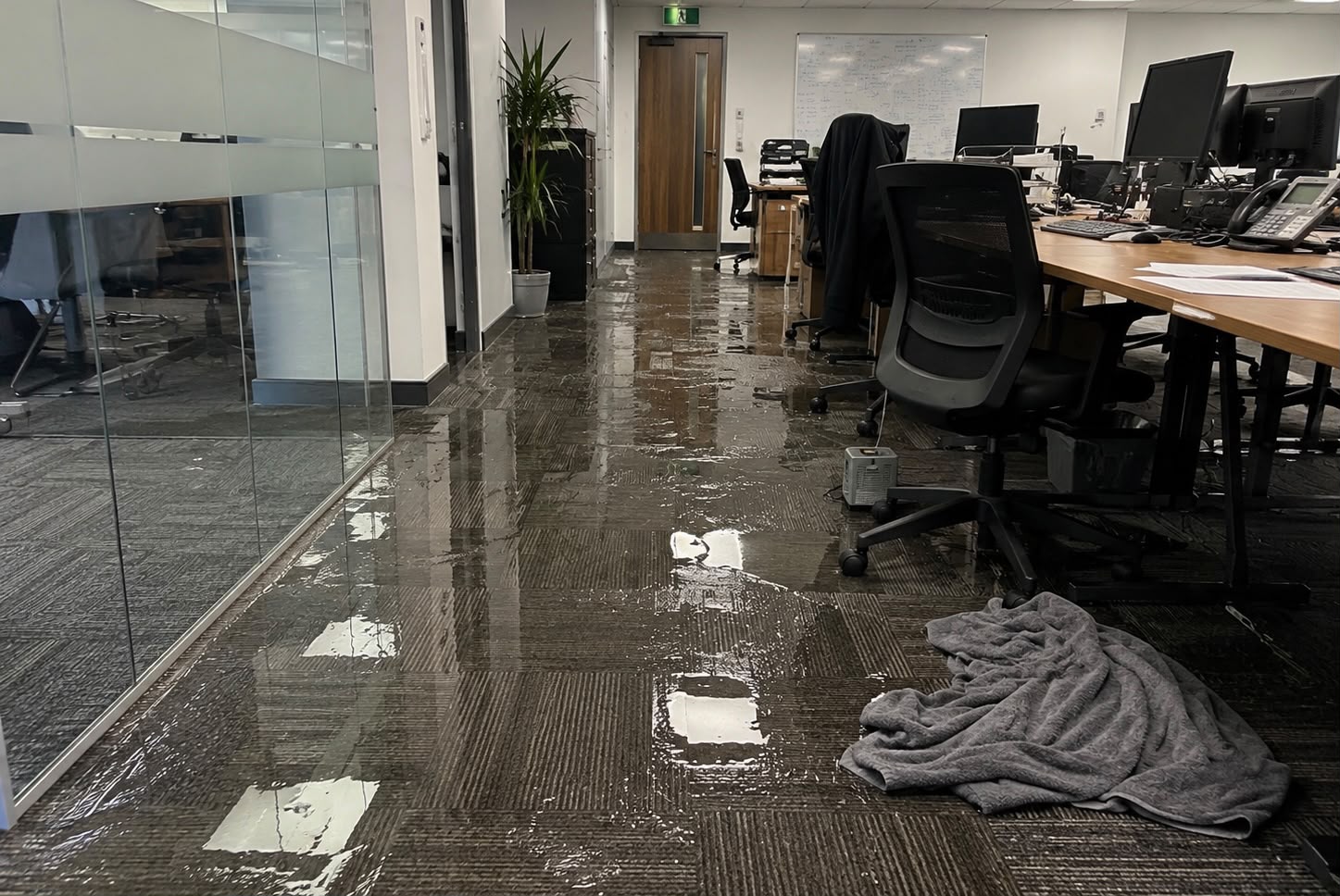 Standing water spreading across commercial carpet tiles beneath desks in an open-plan office
