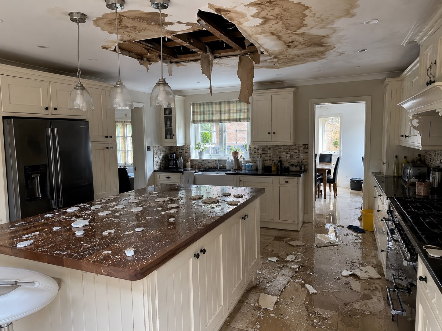 Collapsed kitchen ceiling with plaster debris across worktop and floor