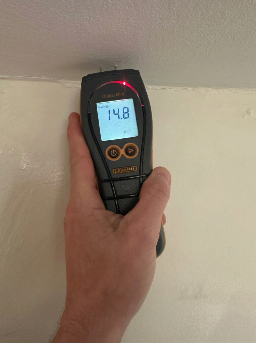 Protimeter moisture meter reading recorded during monitoring confirming comparative dry benchmark used for that build-up