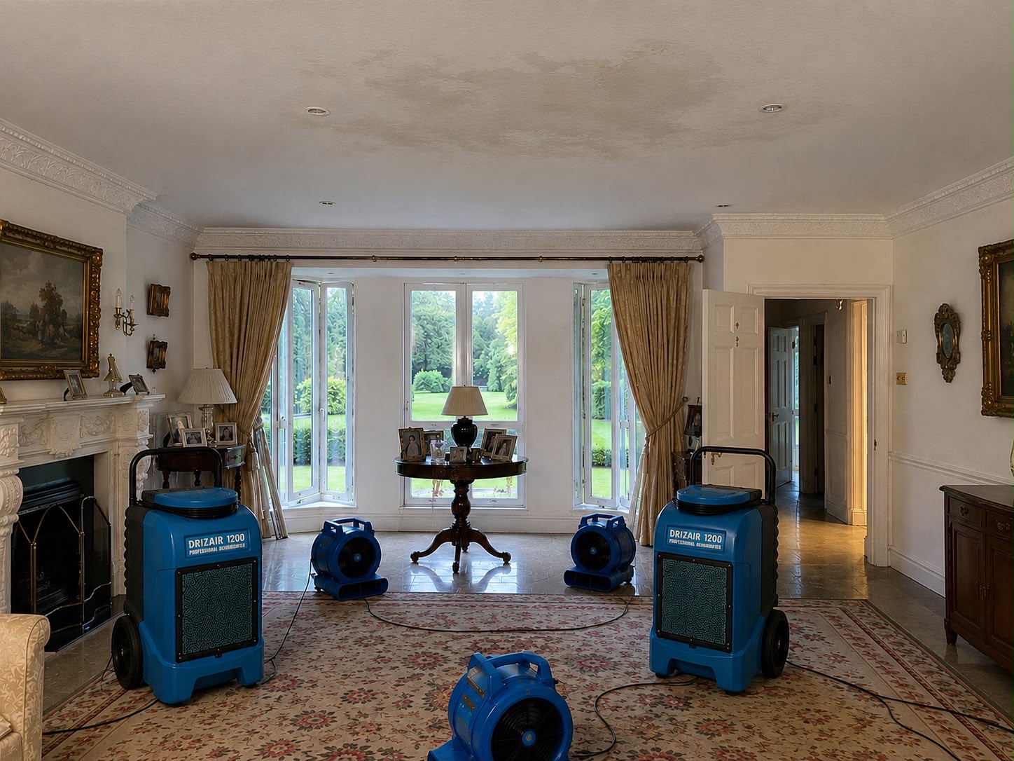 Two DrizAir dehumidifiers and three centrifugal air movers running in the affected living room