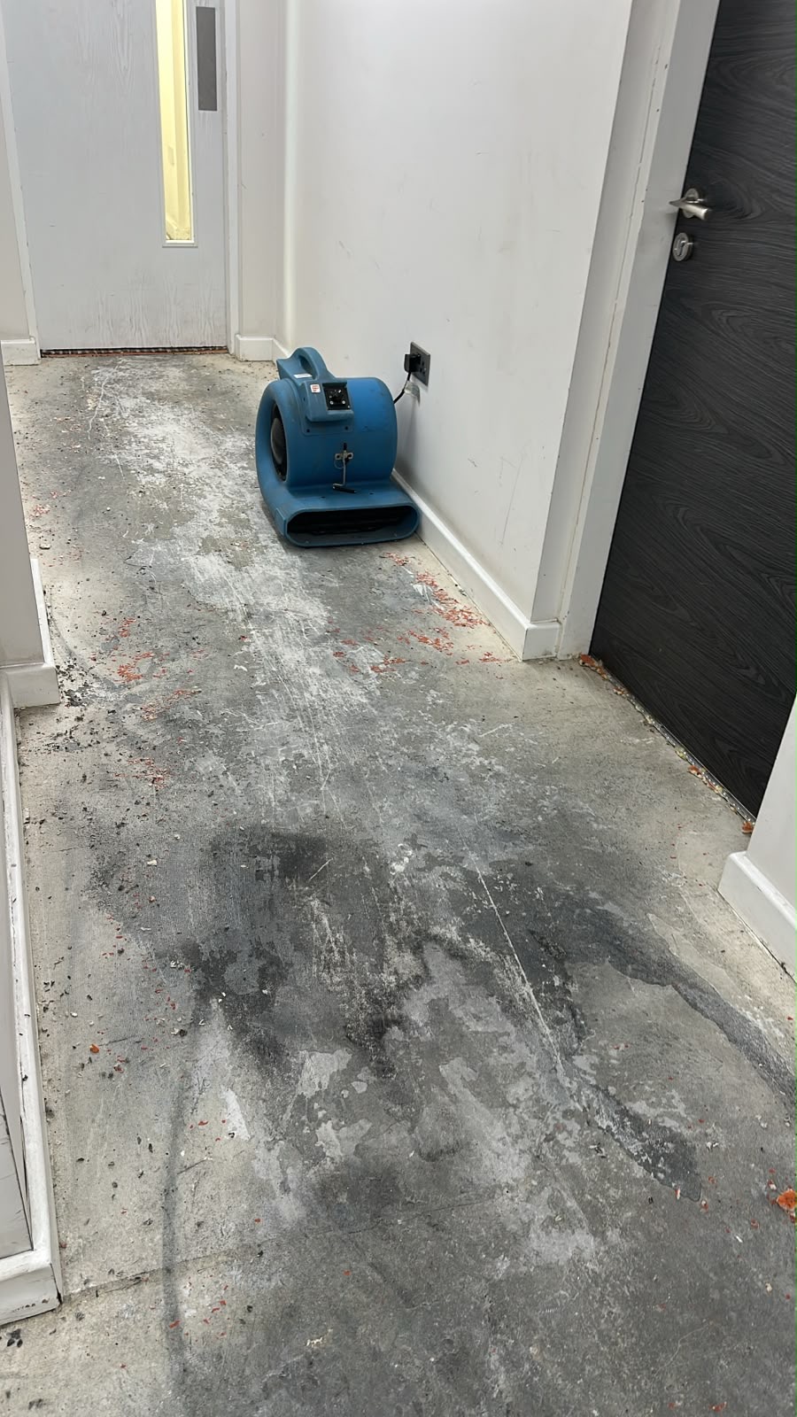 Air mover directed along the wall base of a communal corridor