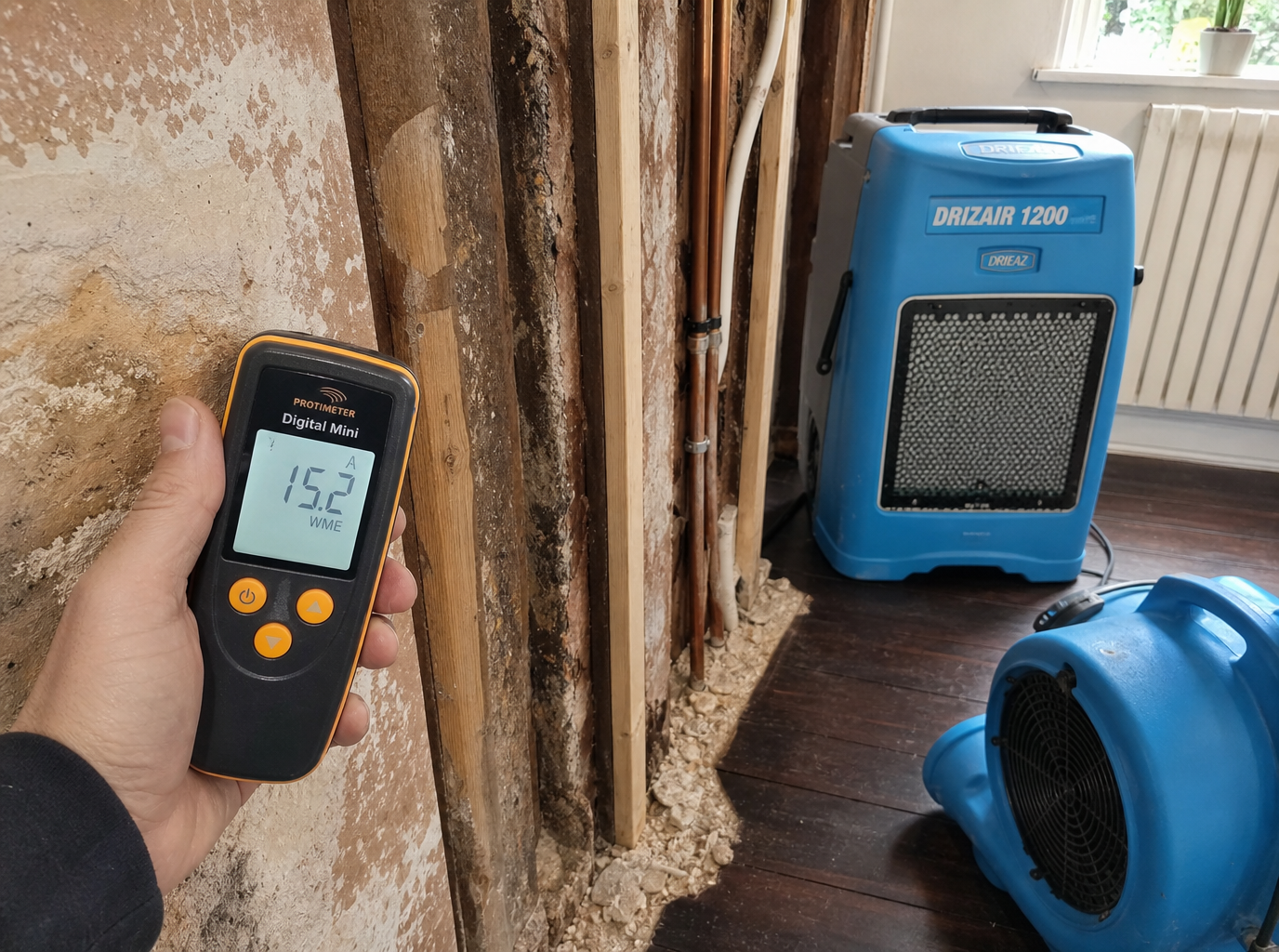 Protimeter moisture meter reading recorded during monitoring within the wall cavity confirming comparative dry benchmark used for that build-up