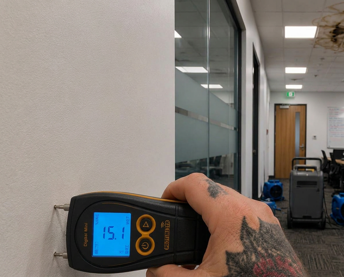 Protimeter moisture meter reading recorded during monitoring confirming comparative dry benchmark used for that build-up