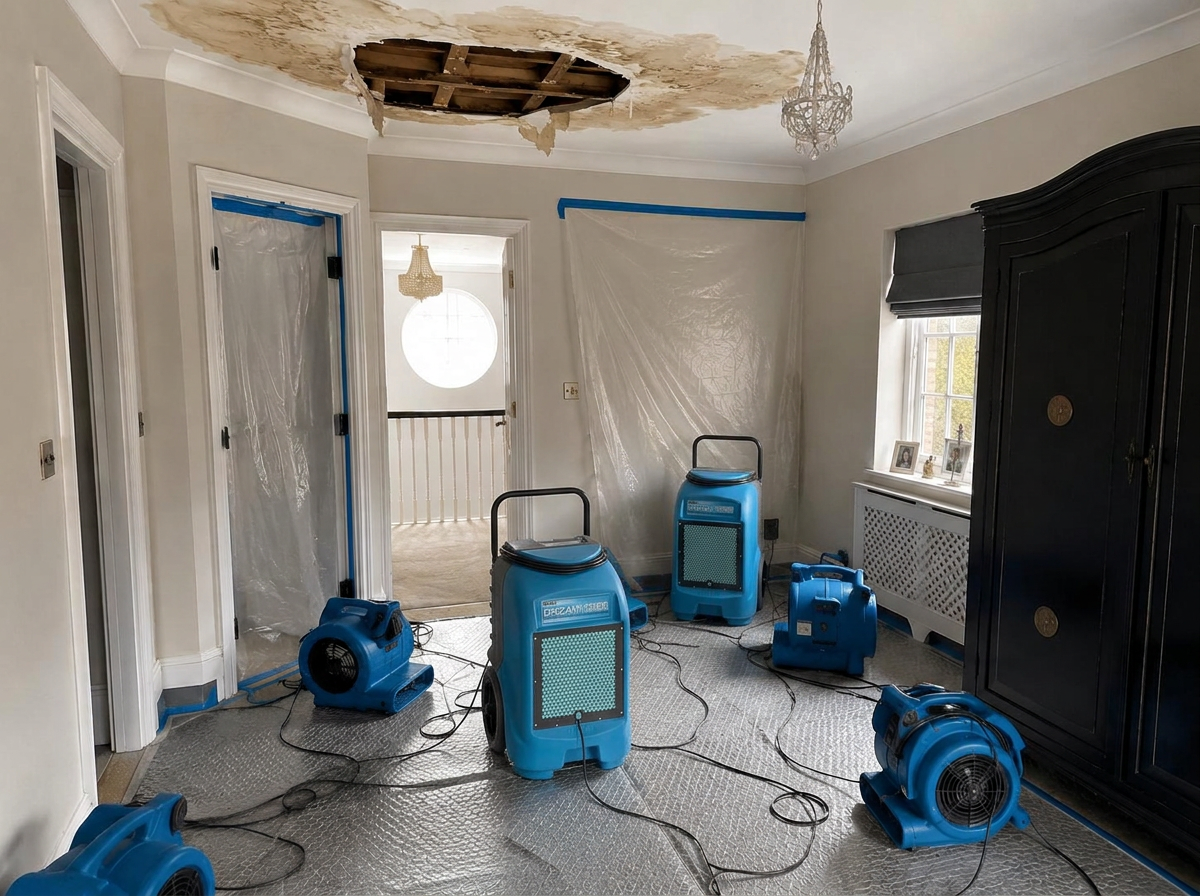 Bedroom with dehumidifier and air movers positioned beneath the opened ceiling