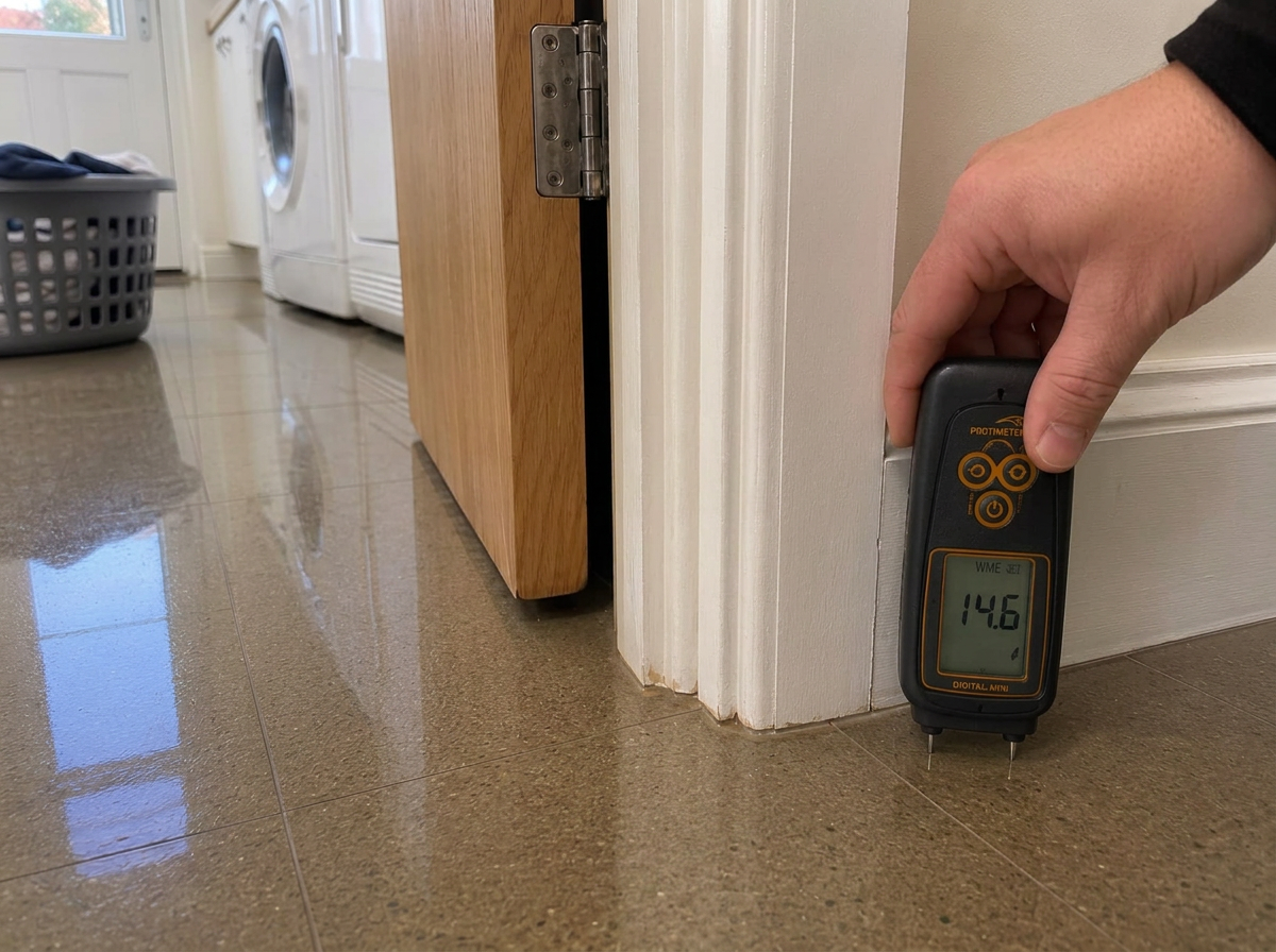 Protimeter moisture meter reading recorded during monitoring confirming comparative dry benchmark used for that build-up