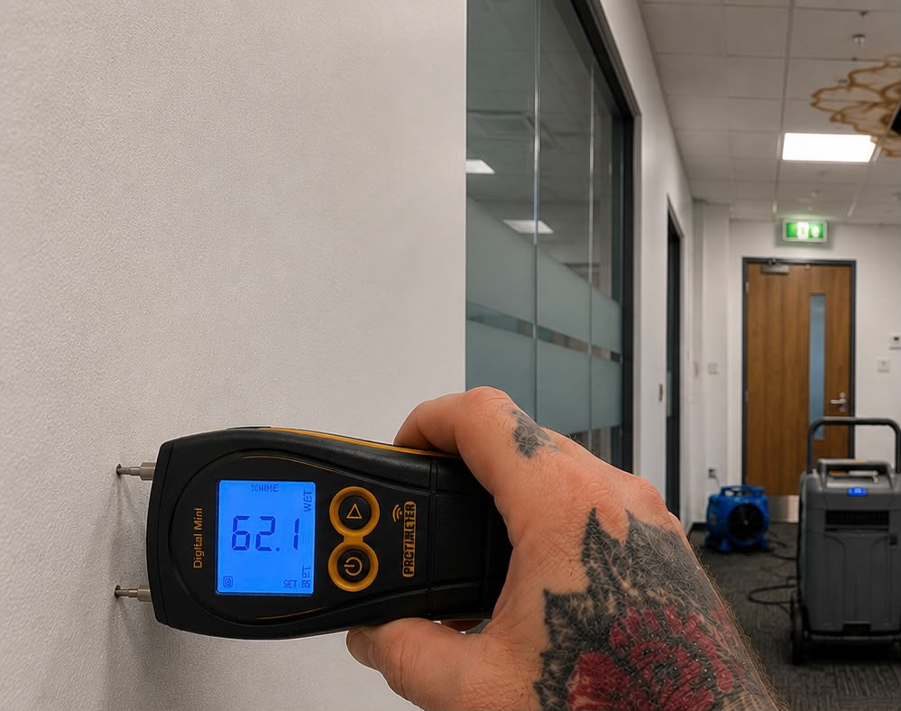 Protimeter moisture meter reading recorded during monitoring during monitoring visit with dehumidifier operating in the background