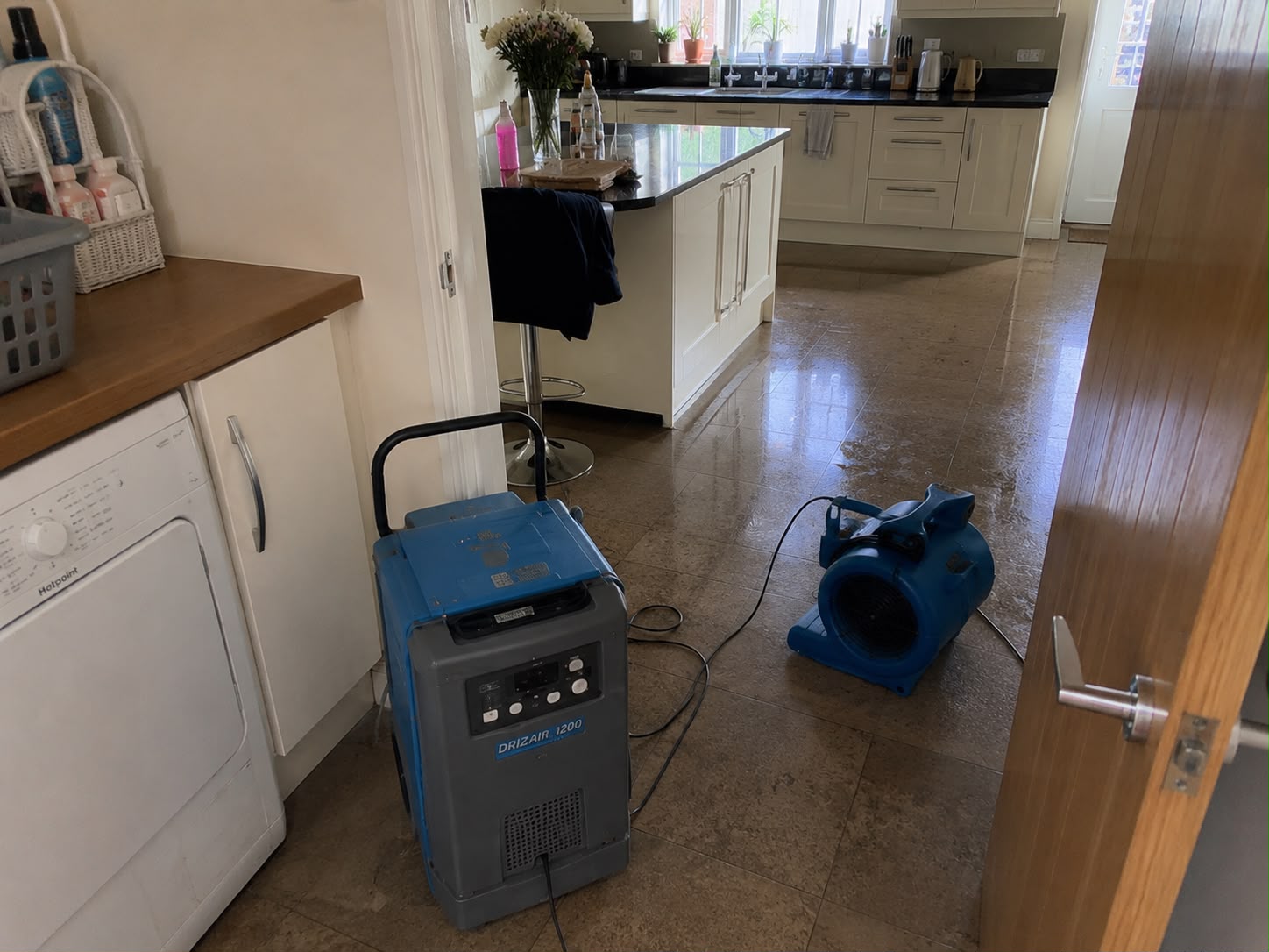 DrizAir 1200 refrigerant dehumidifier and centrifugal air mover positioned in the utility room and kitchen doorway