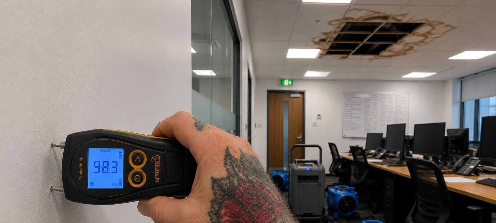 Protimeter Digital Mini moisture meter reading recorded during monitoring on a partition wall beneath the collapsed ceiling