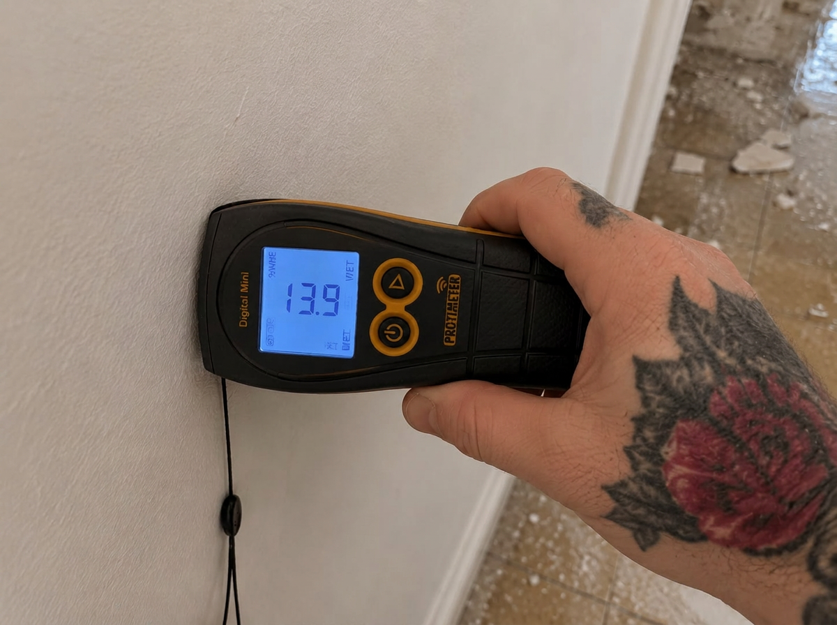 Protimeter moisture meter reading recorded during monitoring at final verification