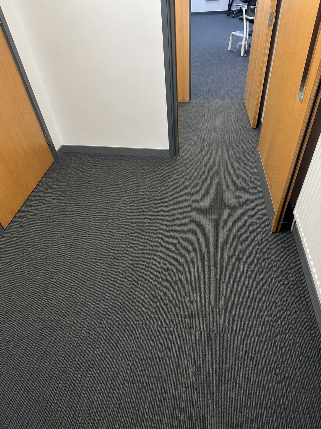 Clean commercial office corridor after repair and finishing work.