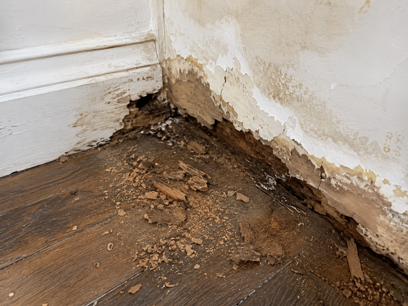 Close-up of opened wall corner showing decayed timber, damp debris and concealed plumbing associated with a long-term leak