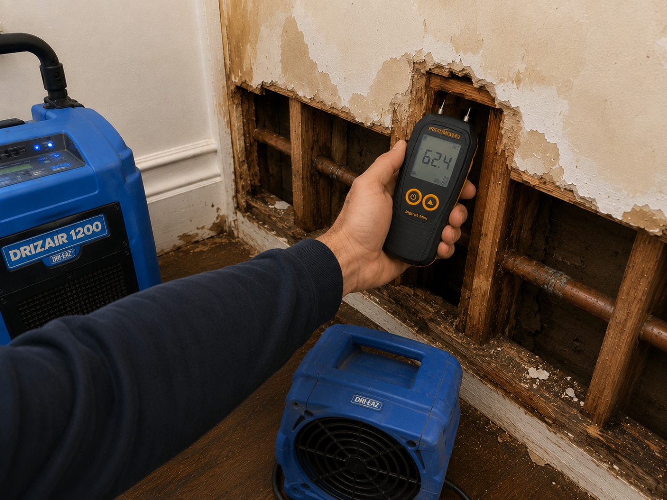 Protimeter moisture meter reading recorded during monitoring within the wall cavity during monitoring visit