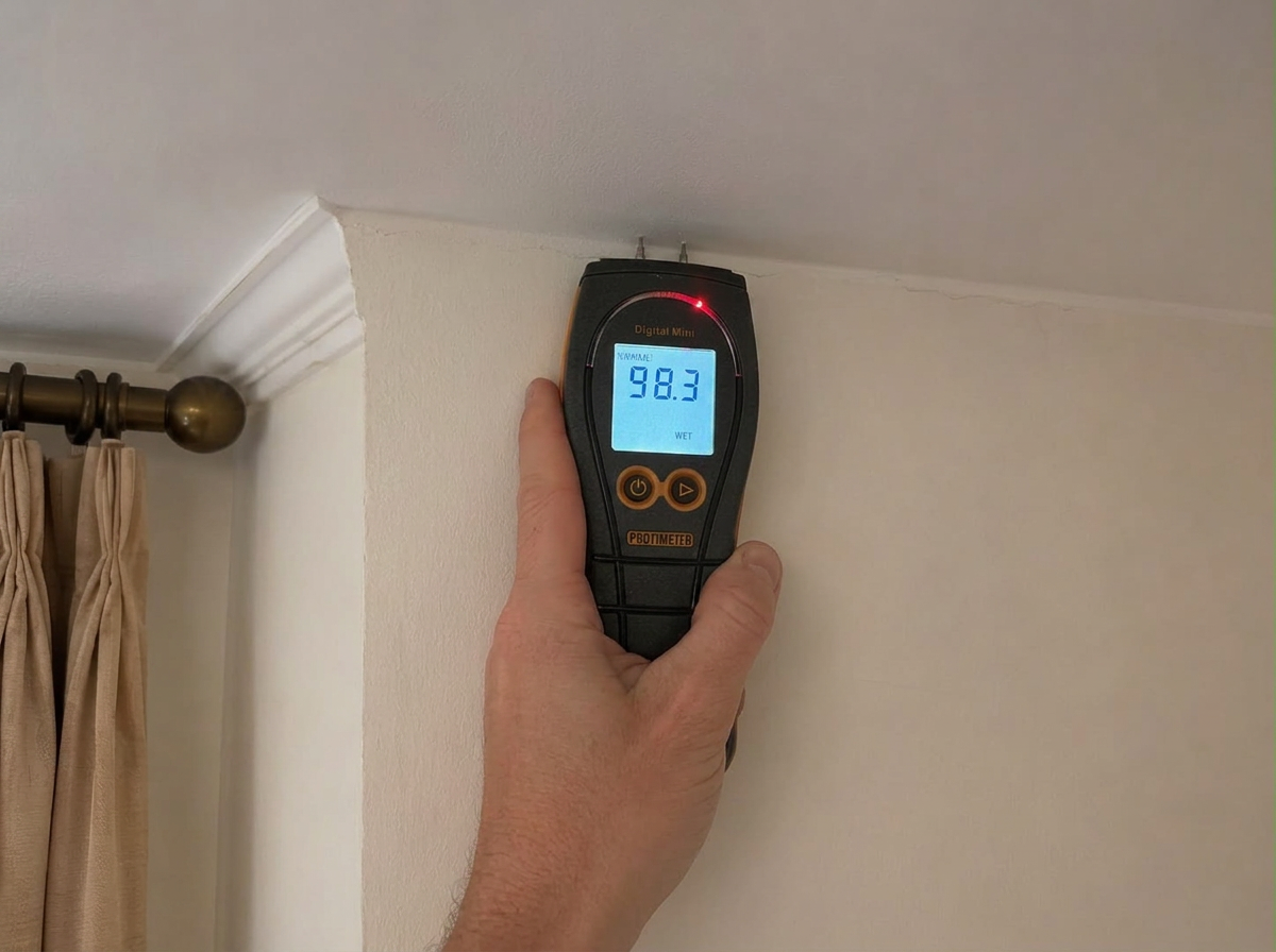 Protimeter Digital Mini moisture meter reading recorded during monitoring on wall — inspection stage