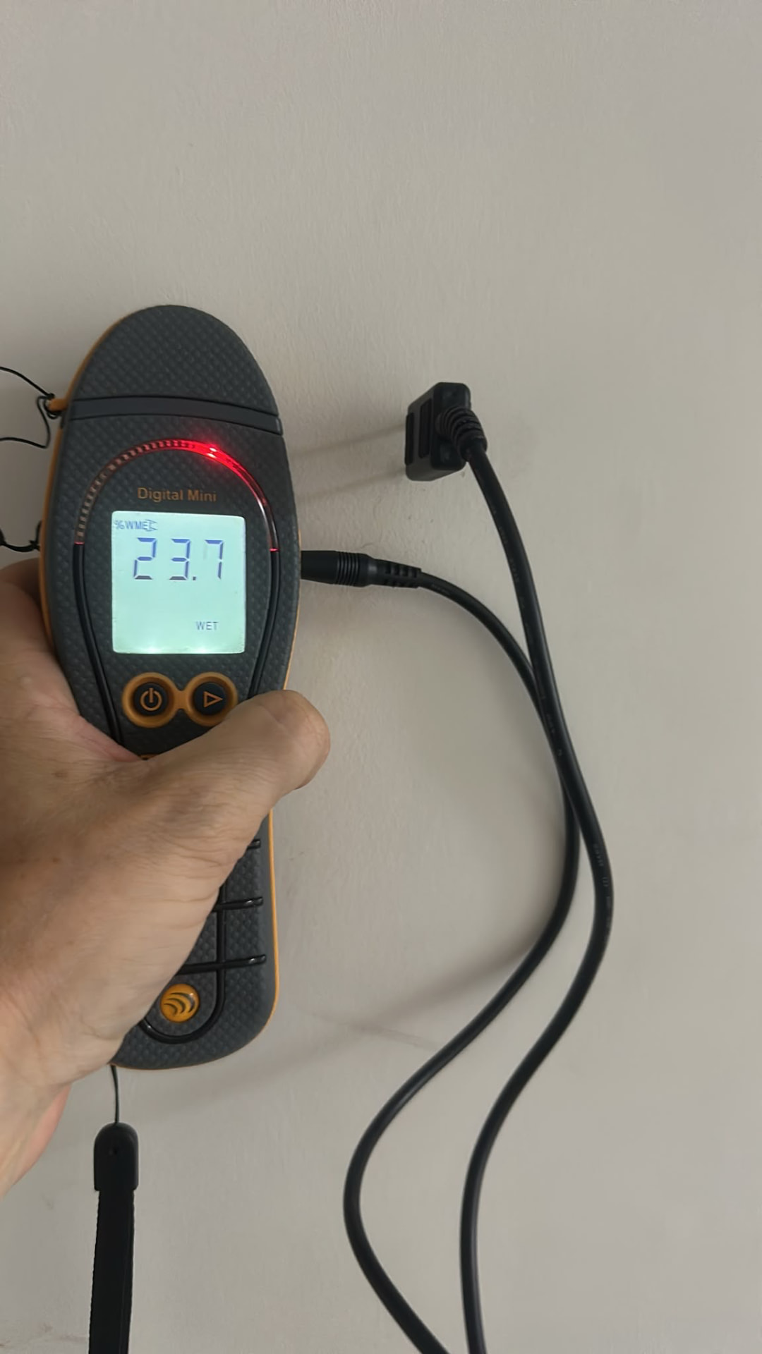 Protimeter Digital Mini reading taken at a wall base during mid-programme monitoring
