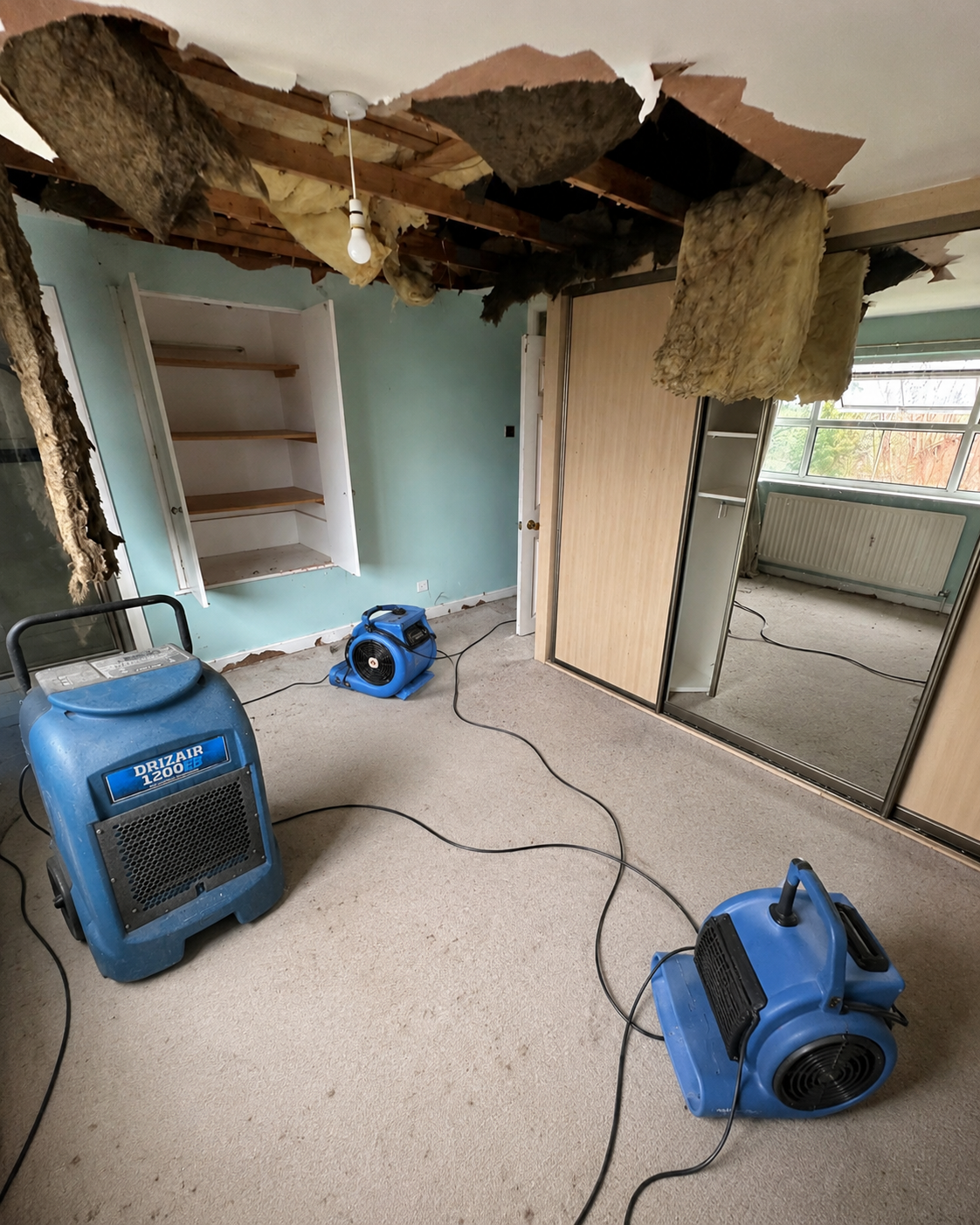 Bedroom drying setup with dehumidifier and air movers directed at exposed surfaces