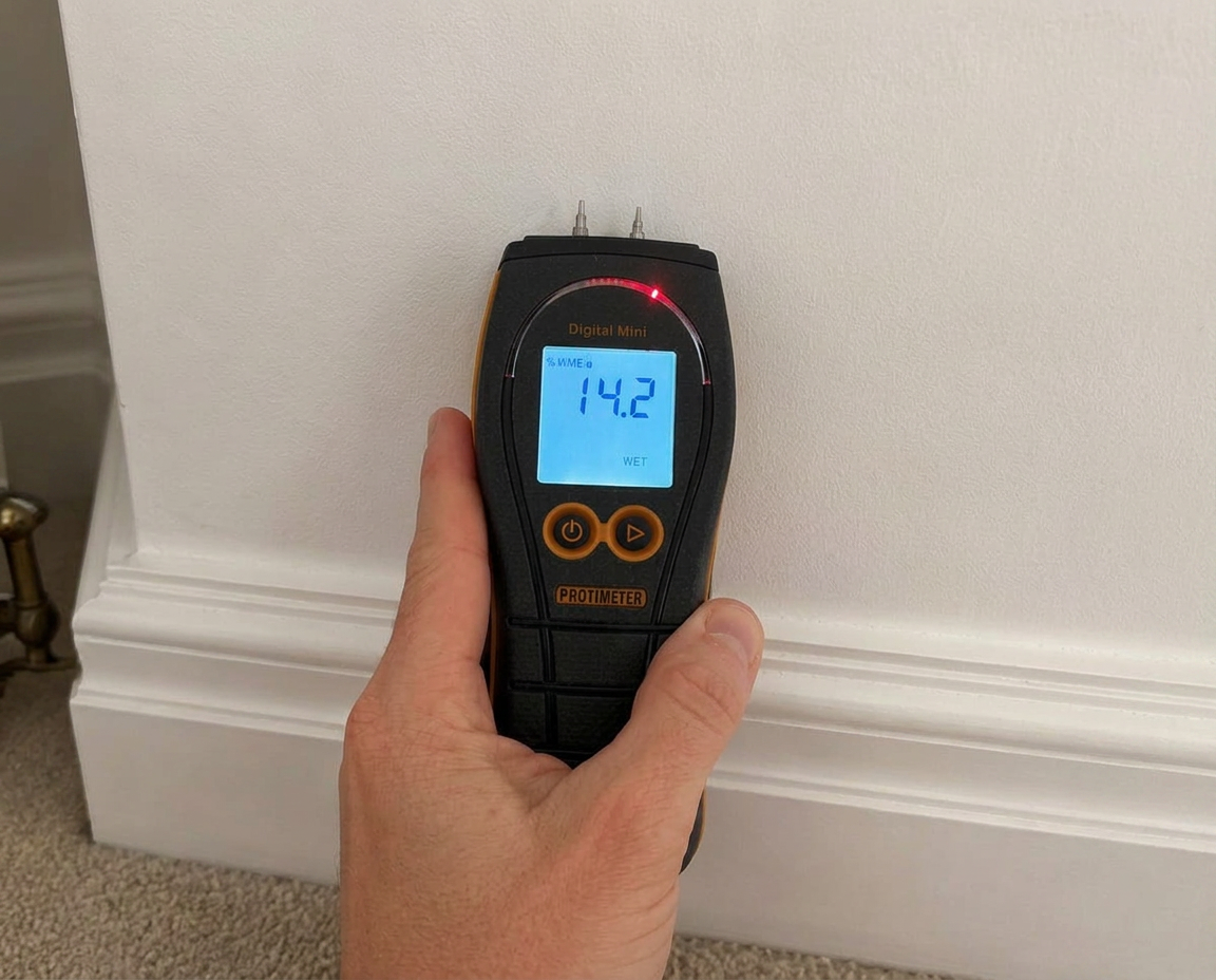 Moisture meter reading recorded during monitoring confirming comparative dry benchmark used for that build-up