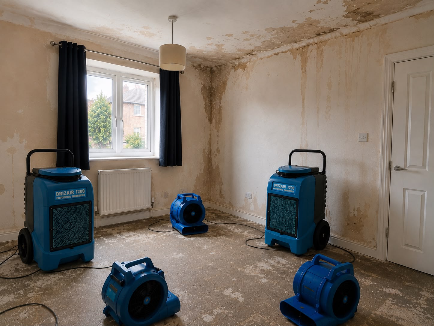 Two DrizAir dehumidifiers and three centrifugal air movers positioned within the affected bedroom
