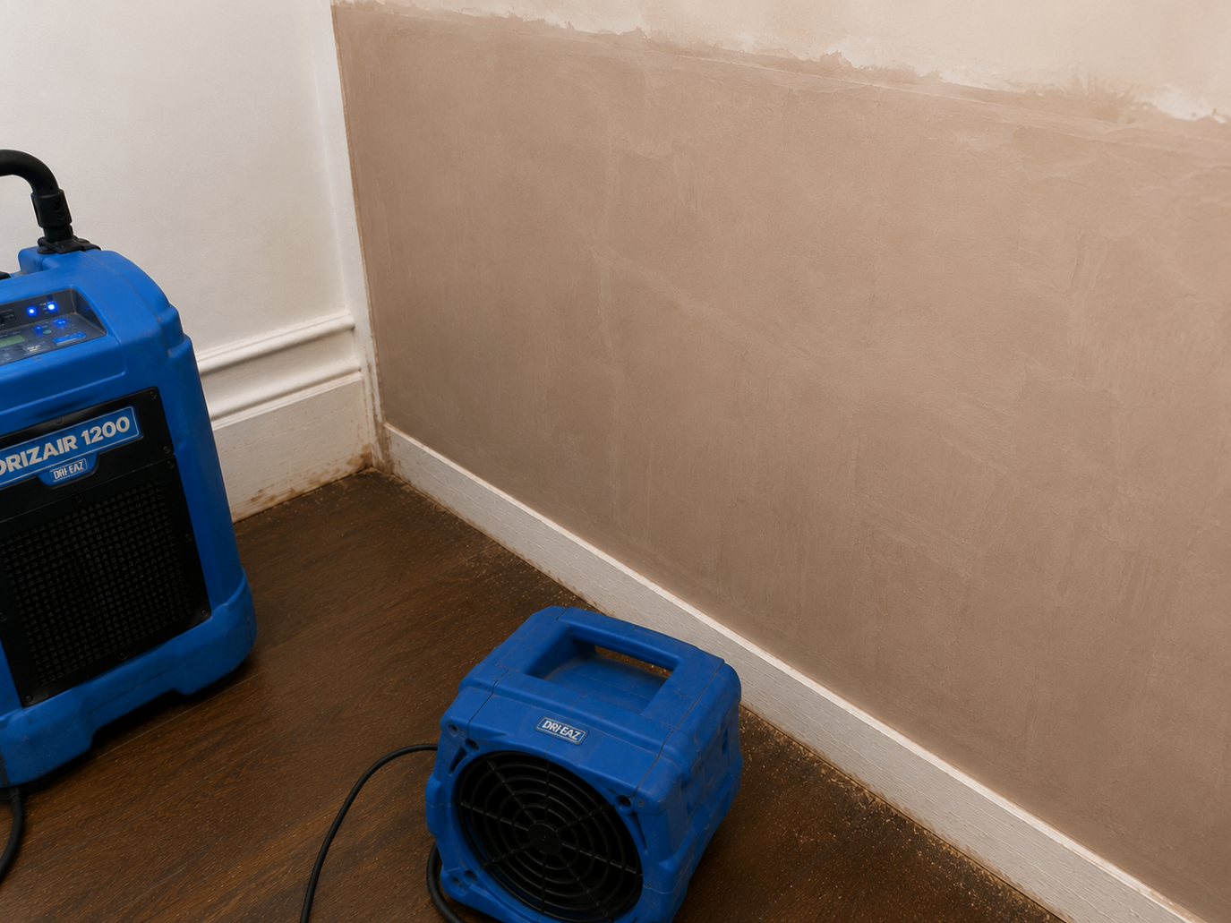 Wall reinstated with fresh plaster following structural drying and repair works