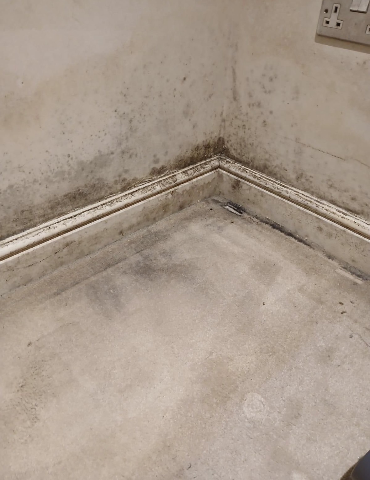Close view of mould spotting and damaged finishes at a wall corner.