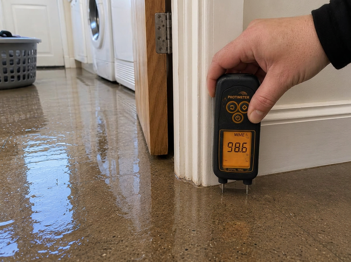 Protimeter Digital Mini moisture meter reading recorded during monitoring at utility room door lining — initial survey